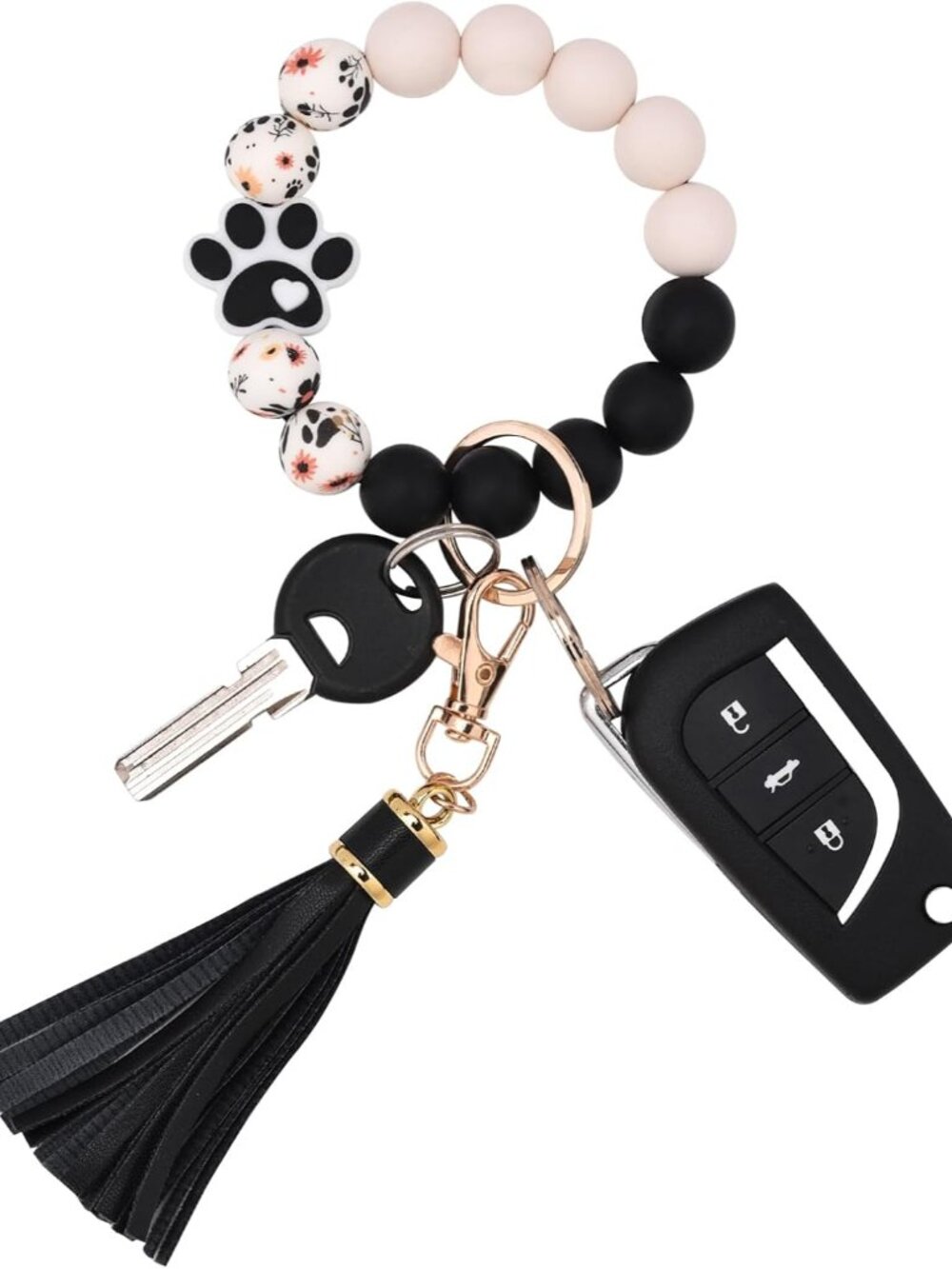 Silicone Beaded Bracelet Keychain Wristlet Key Ring Bangle Chains for Women with